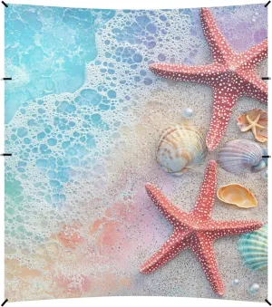 Blue Beach Starfish Shells Foldable Beach Cabana UPF50  Protection Lightweight Large Portable Sun Shelter with Sand Shovel, Sandbags for Family Trips, Picnics & Camping