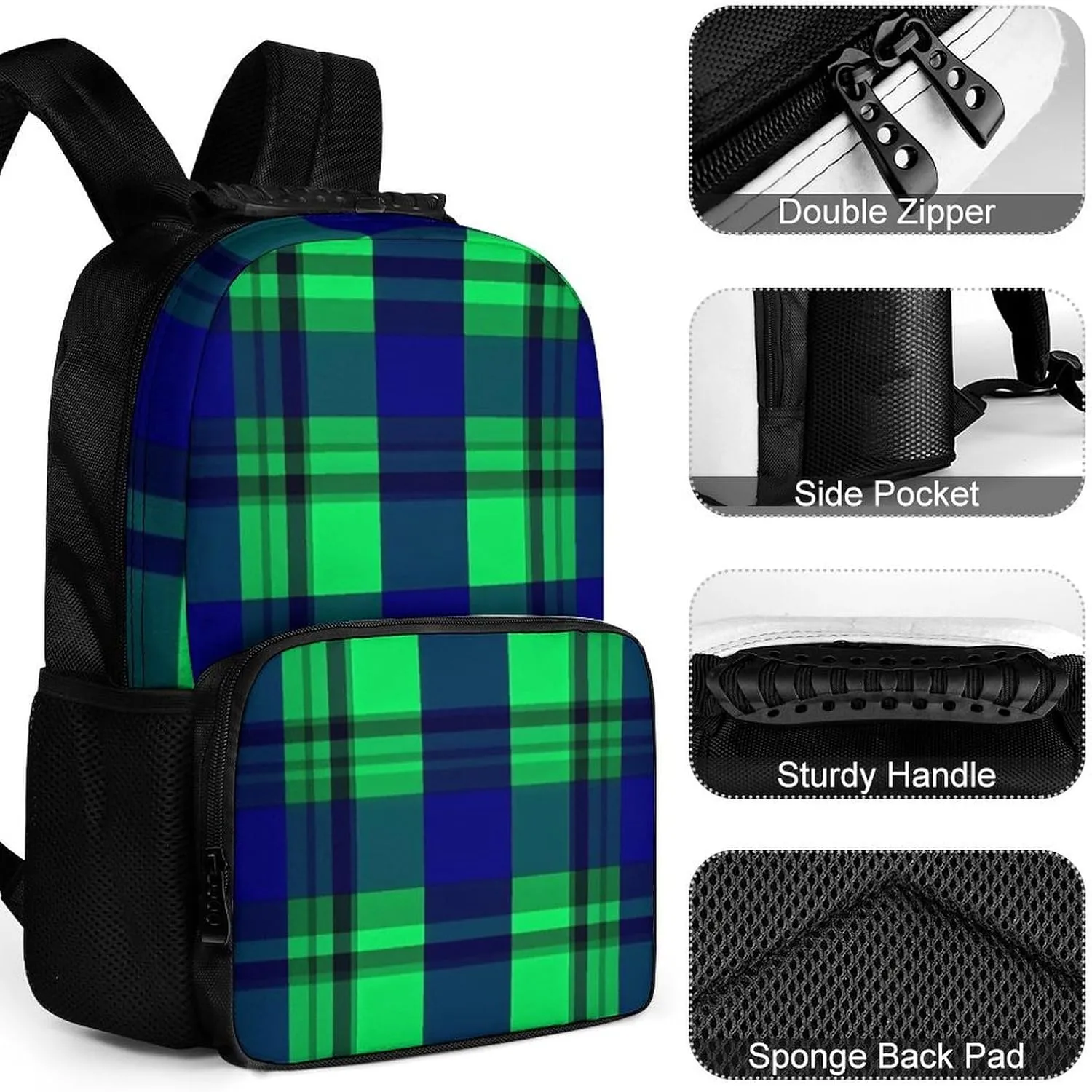 Blue Green Scottish Tartan Plaid Rucksacks Lightweight Multipurpose Anti-Theft Shoulder Bag Big Capacity Laptop Book Bag Rucksack With Padded Straps