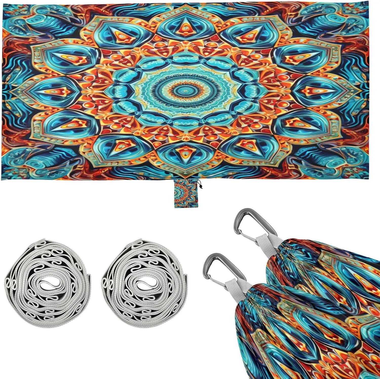 Blue Orange Mandala Camping Hammock, 330 lbs with 2 Tree Straps, Carry Bag, Single Portable Hammock for Outdoor/Indoor, Hiking, Beach, Backpacking, Travel