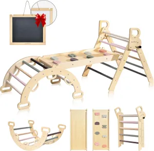 BlueWood Pikler Triangle Set, 7-in-1 Foldable Wooden Toddler Climbing Toys Indoor Playground Jungle Gym Montessori Philosophy Climber for 2-6 Years Old, Baby, Kids (Mauve Pink)