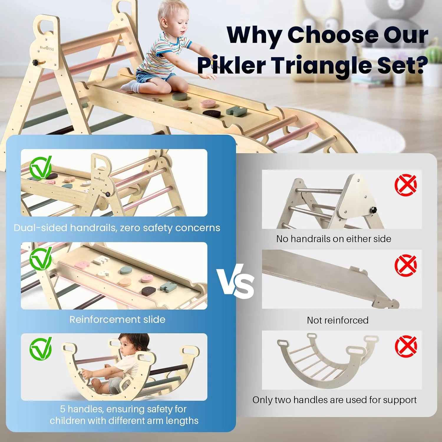 BlueWood Pikler Triangle Set, 7-in-1 Foldable Wooden Toddler Climbing Toys Indoor Playground Jungle Gym Montessori Philosophy Climber for 2-6 Years Old, Baby, Kids (Mauve Pink)