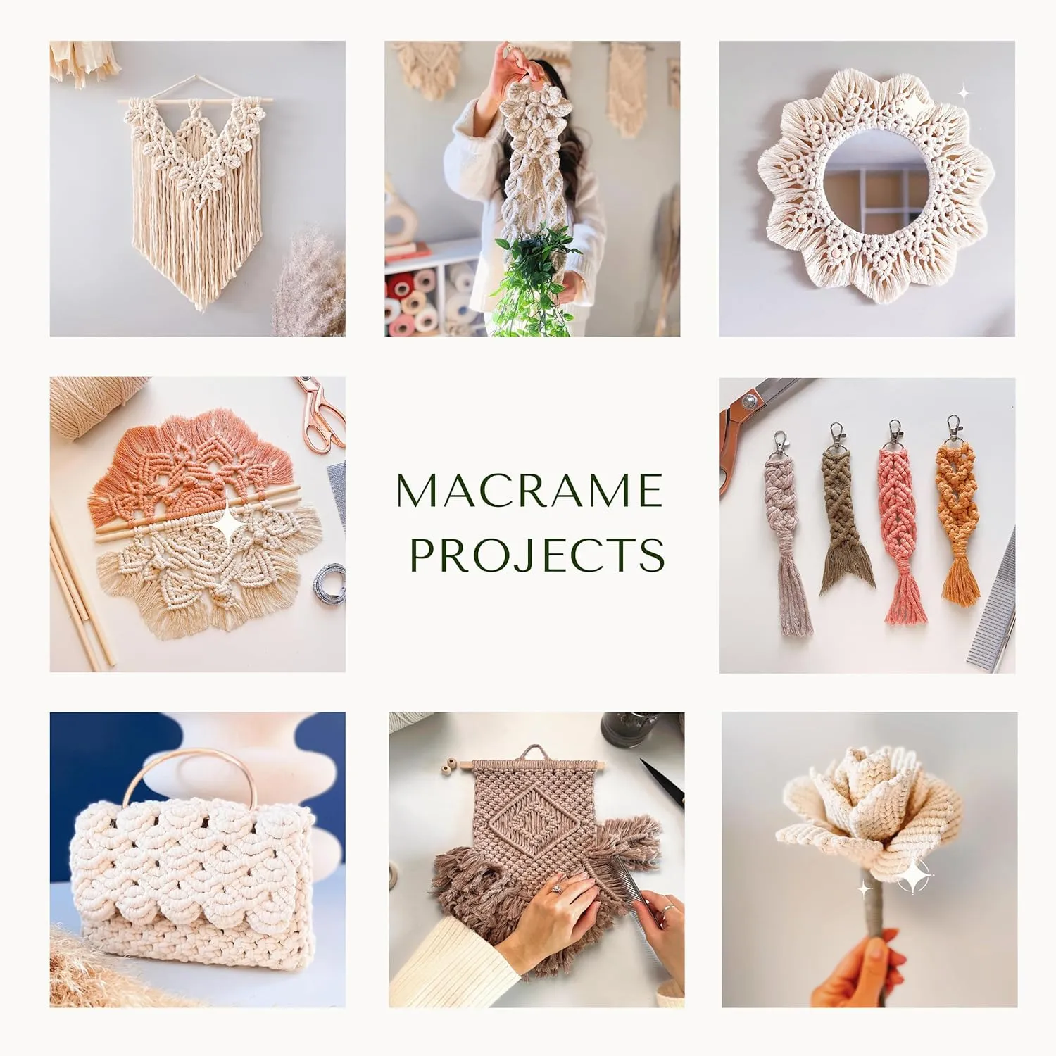 BOCHIKNOT Macrame Cord 4mm - Cotton Cord for Knotting - Macrame Rope Supplies in 3mm, 4mm, 5mm for Crafts, Wall Hangings, Plant Hangers (240yds, Buttermilk)