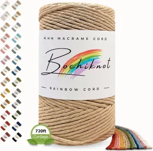 BOCHIKNOT Macrame Cord 4mm - Cotton Cord for Knotting - Macrame Rope Supplies in 3mm, 4mm, 5mm for Crafts, Wall Hangings, Plant Hangers (240yds, Buttermilk)