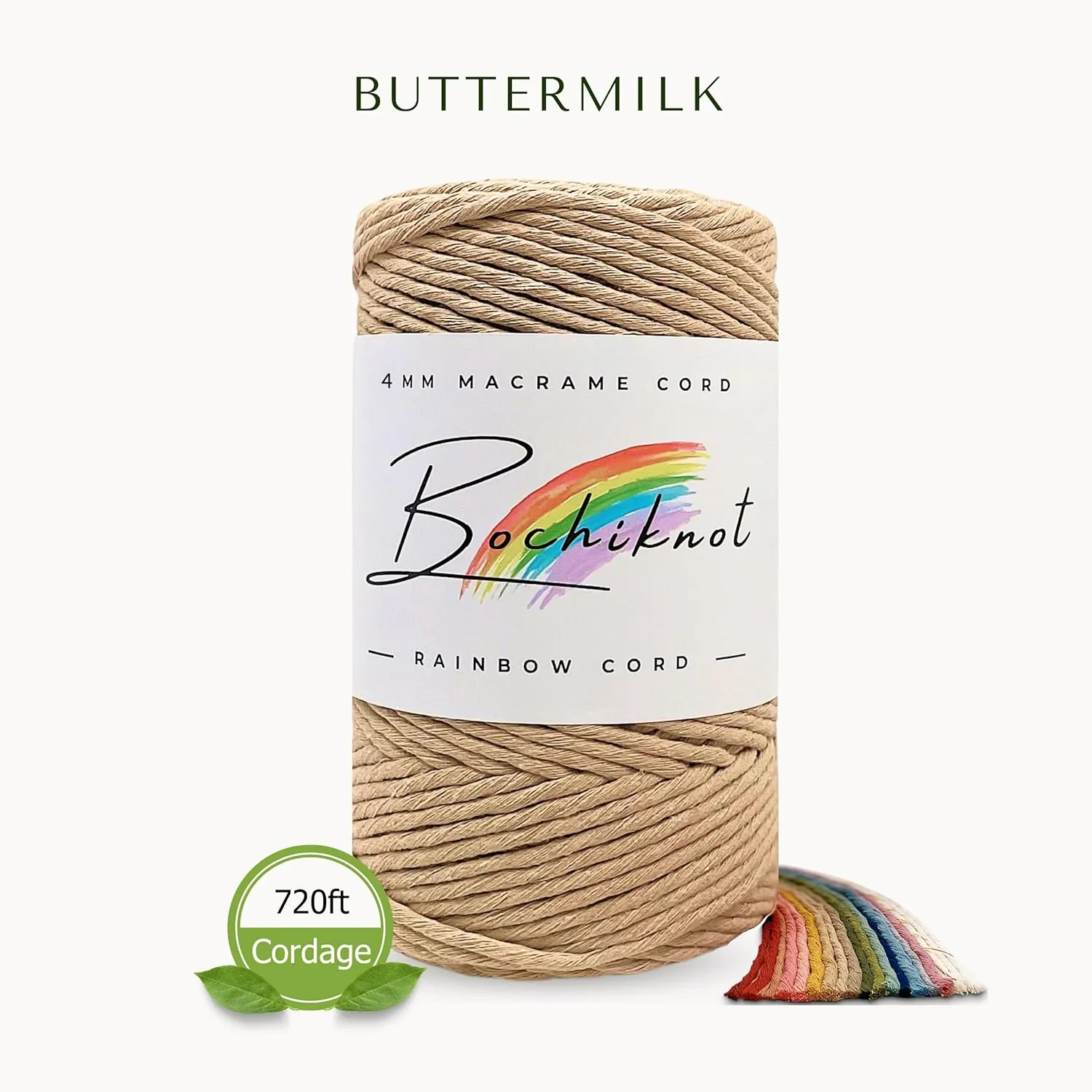 BOCHIKNOT Macrame Cord 4mm - Cotton Cord for Knotting - Macrame Rope Supplies in 3mm, 4mm, 5mm for Crafts, Wall Hangings, Plant Hangers (240yds, Buttermilk)