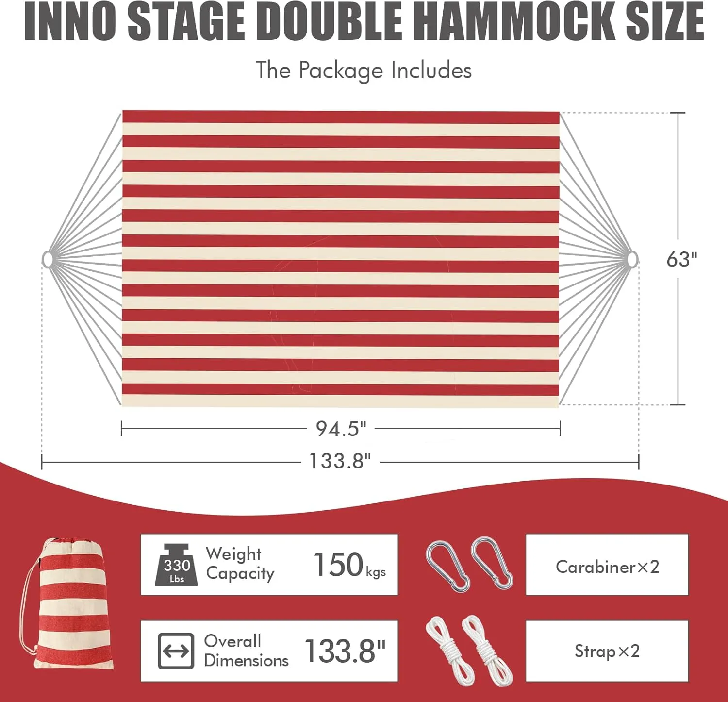 Brazilian Double Hammock 2 Person with Tree Straps, Cotton Hammock with Carrying Bag - Woven Hammock for Patio, Backyard, Porch, Outdoor and Indoor Use - Soft Cotton Fabric Hammocks