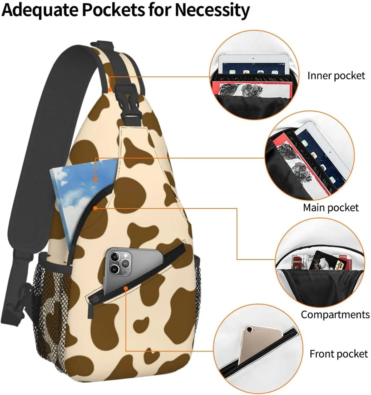 Brown Cow Print Crossbody Sling Backpack Sling Bag Adjustable Chest Shoulder Daypack For Women Men