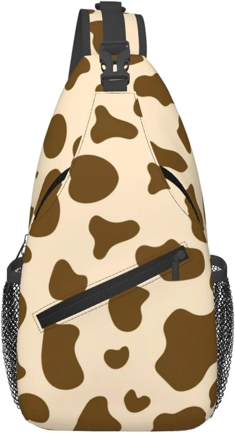 Brown Cow Print Crossbody Sling Backpack Sling Bag Adjustable Chest Shoulder Daypack For Women Men
