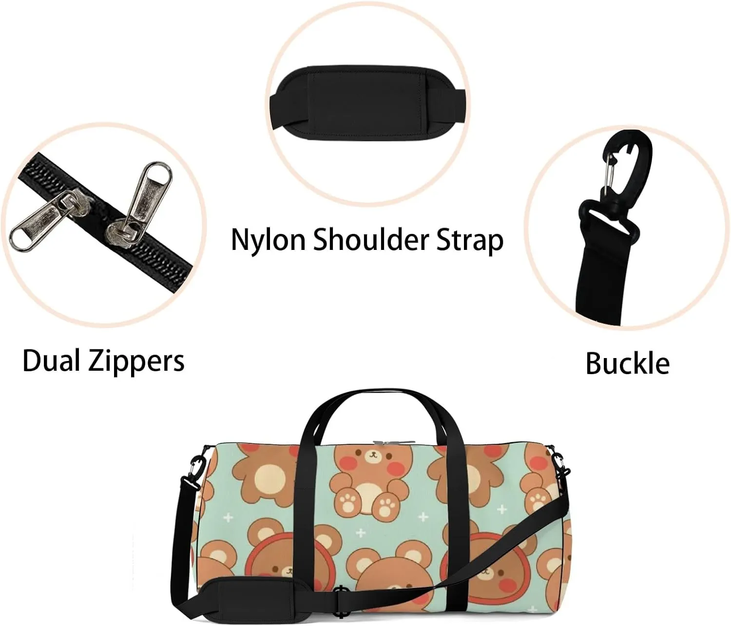 Brown Kawaii Cute Cartoon Little Bear Sports Bag Tote Bag Waterproof Gym Bag with Shoulder Strap Zipper 2 Side Pockets for Men and Women, Travel and Storage Shoulder Bag.