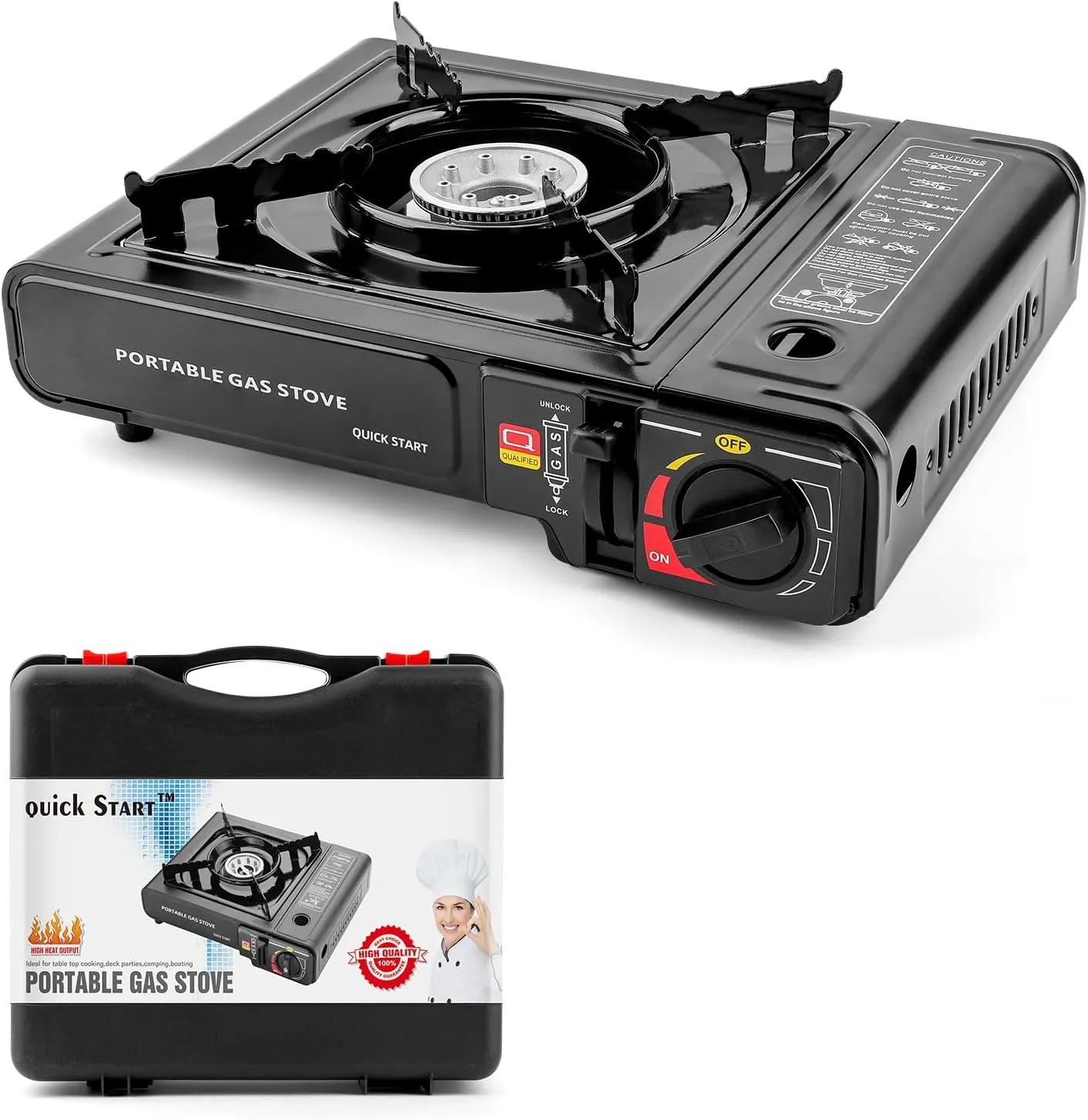 Butane Stove, Portable Camping Stove with Carry Case & Push-Button Starter, Includes Precise Temperature Control & 7,650 BTUs of Power for Camping, Tailgating, & More