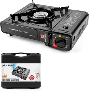 Butane Stove, Portable Camping Stove with Carry Case & Push-Button Starter, Includes Precise Temperature Control & 7,650 BTUs of Power for Camping, Tailgating, & More