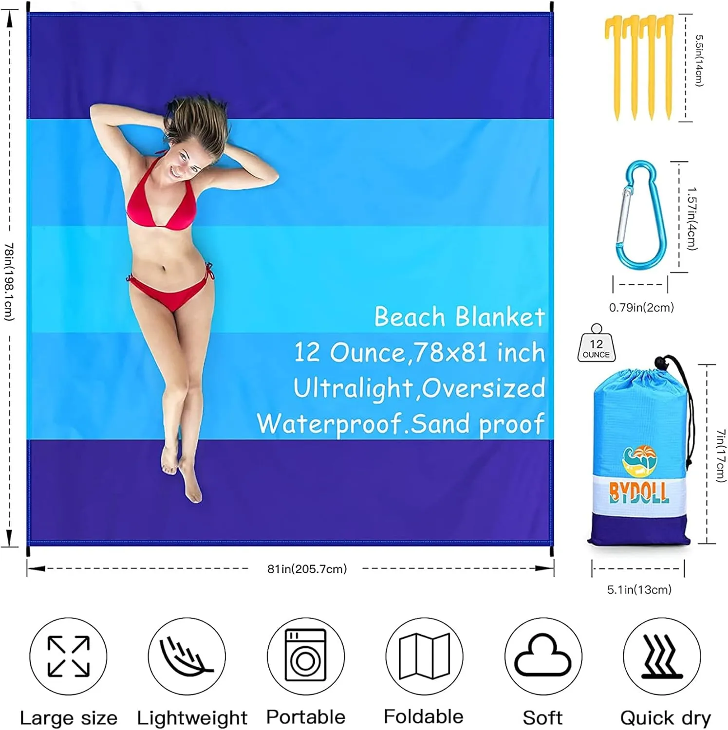 BYDOLL Beach Blanket 78''X81'' 4-7 Adults Oversized Lightweight Waterproof Sandproof Blanket for Beach Large Picnic Mat Travel Camping