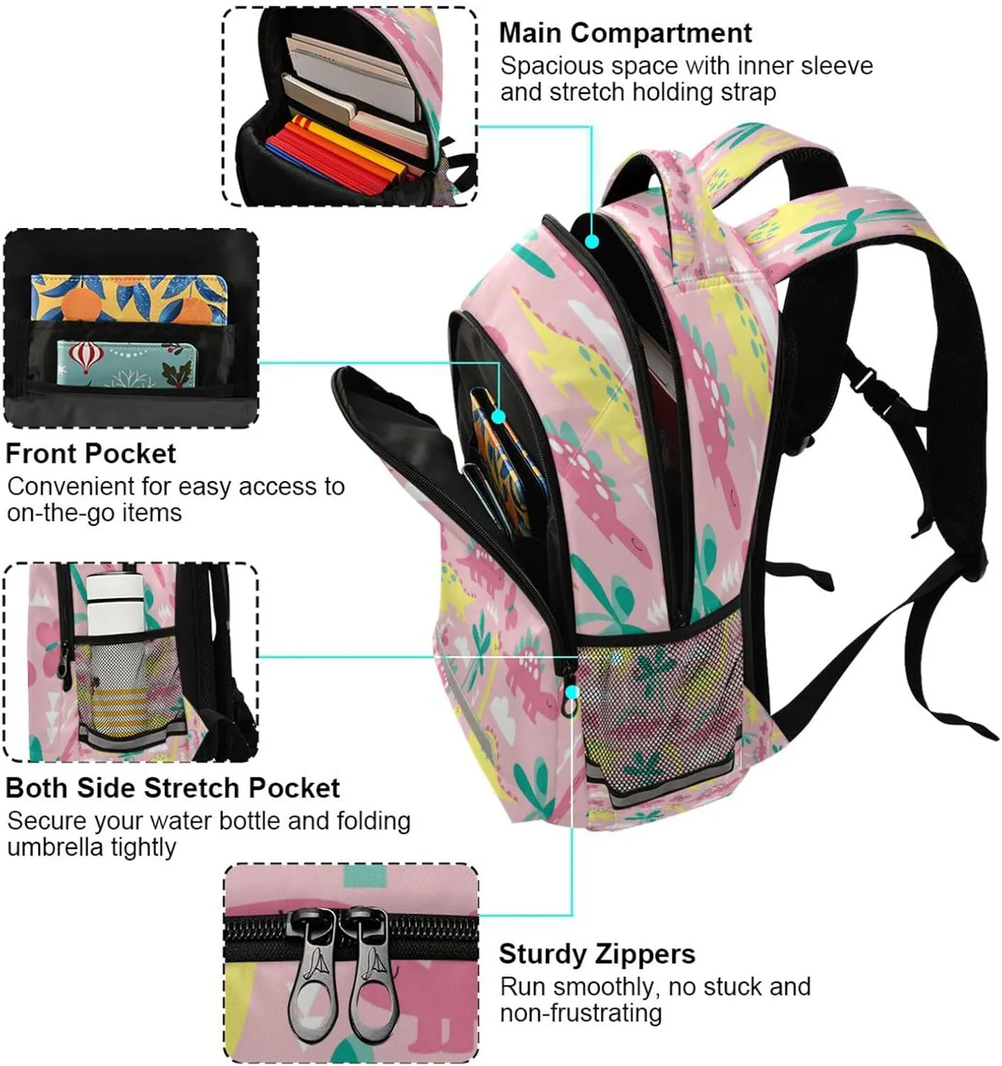 Caikeny Dinosaur Kids Backpack Daypack Pink Dino College School Shoulder Bag Palm Tree Travel Laptop Backpack Book Bag for Kids