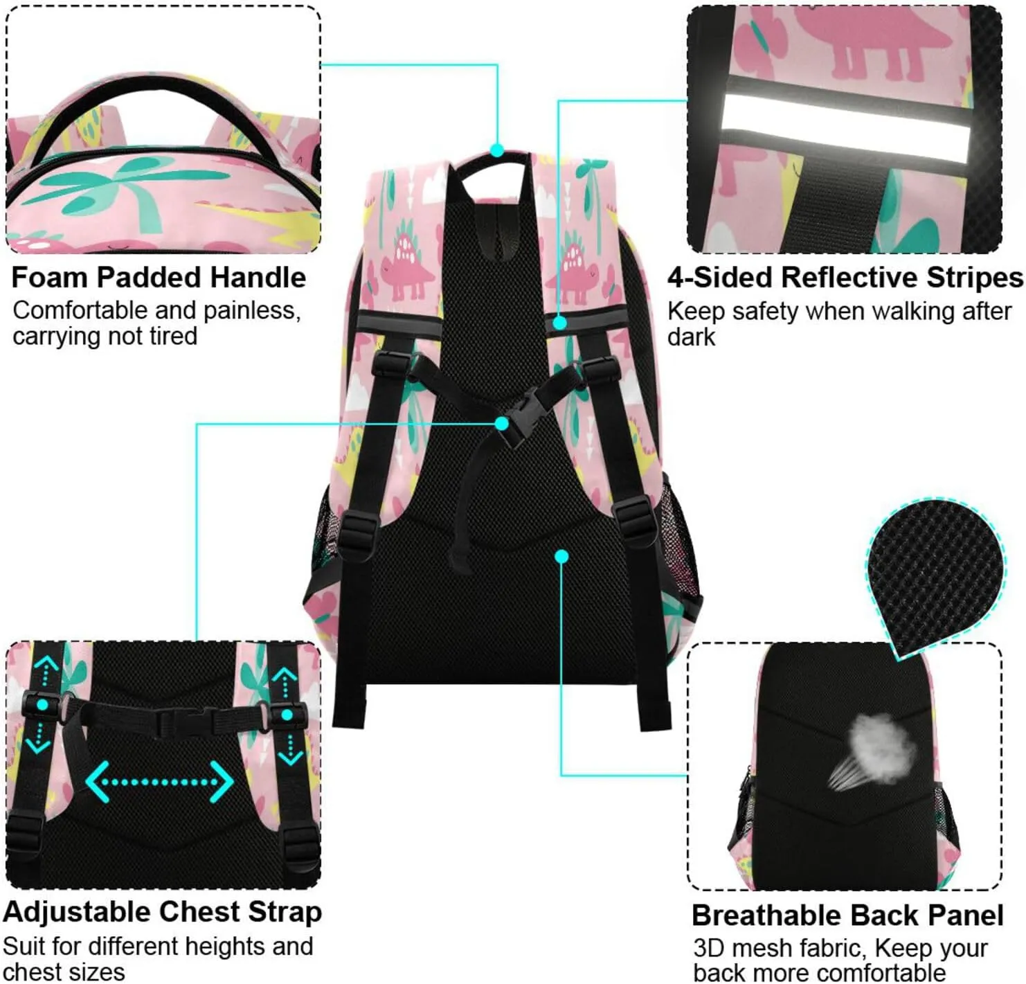 Caikeny Dinosaur Kids Backpack Daypack Pink Dino College School Shoulder Bag Palm Tree Travel Laptop Backpack Book Bag for Kids