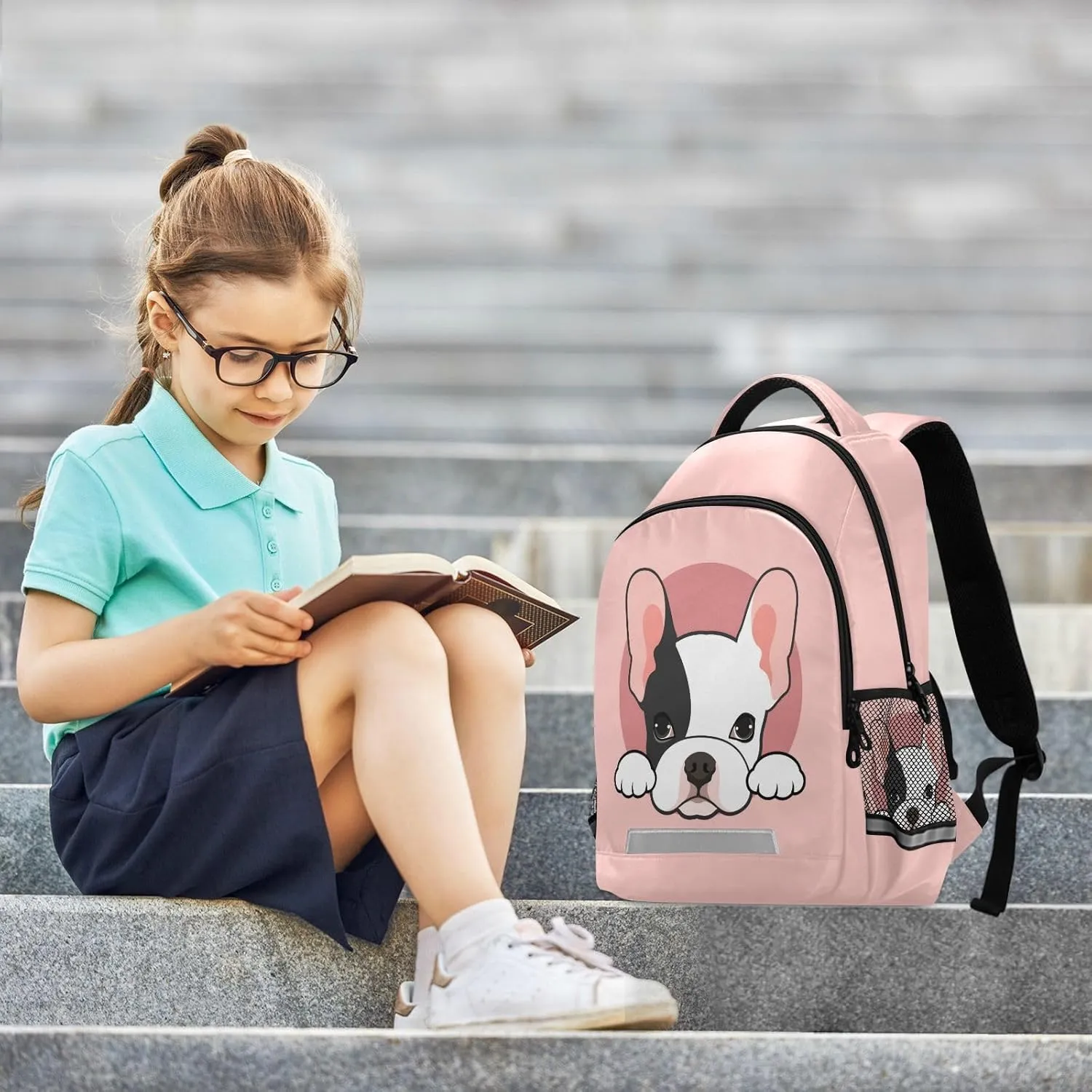 Caikeny French Bulldog Kids Backpack Daypack Dog Puppy College School Shoulder Bag Travel Laptop Backpack Book Bag for Kids