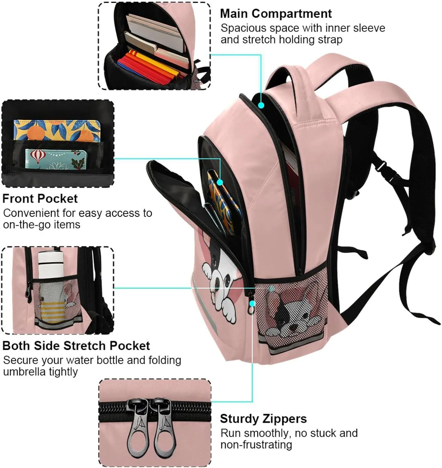 Caikeny French Bulldog Kids Backpack Daypack Dog Puppy College School Shoulder Bag Travel Laptop Backpack Book Bag for Kids
