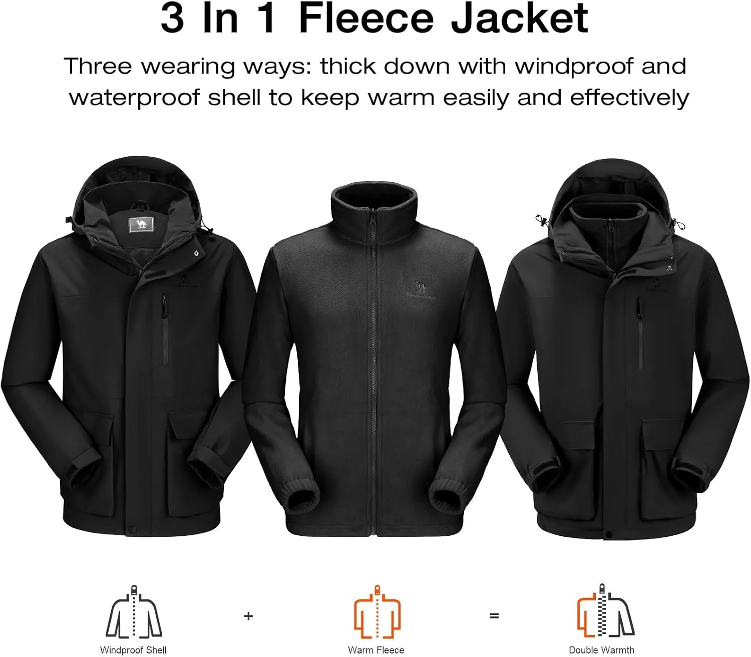 CAMEL CROWN Men's Ski Jacket 3 in 1 Waterproof Winter Jacket Snow Jacket Windproof Hooded with Inner Warm Fleece Coat