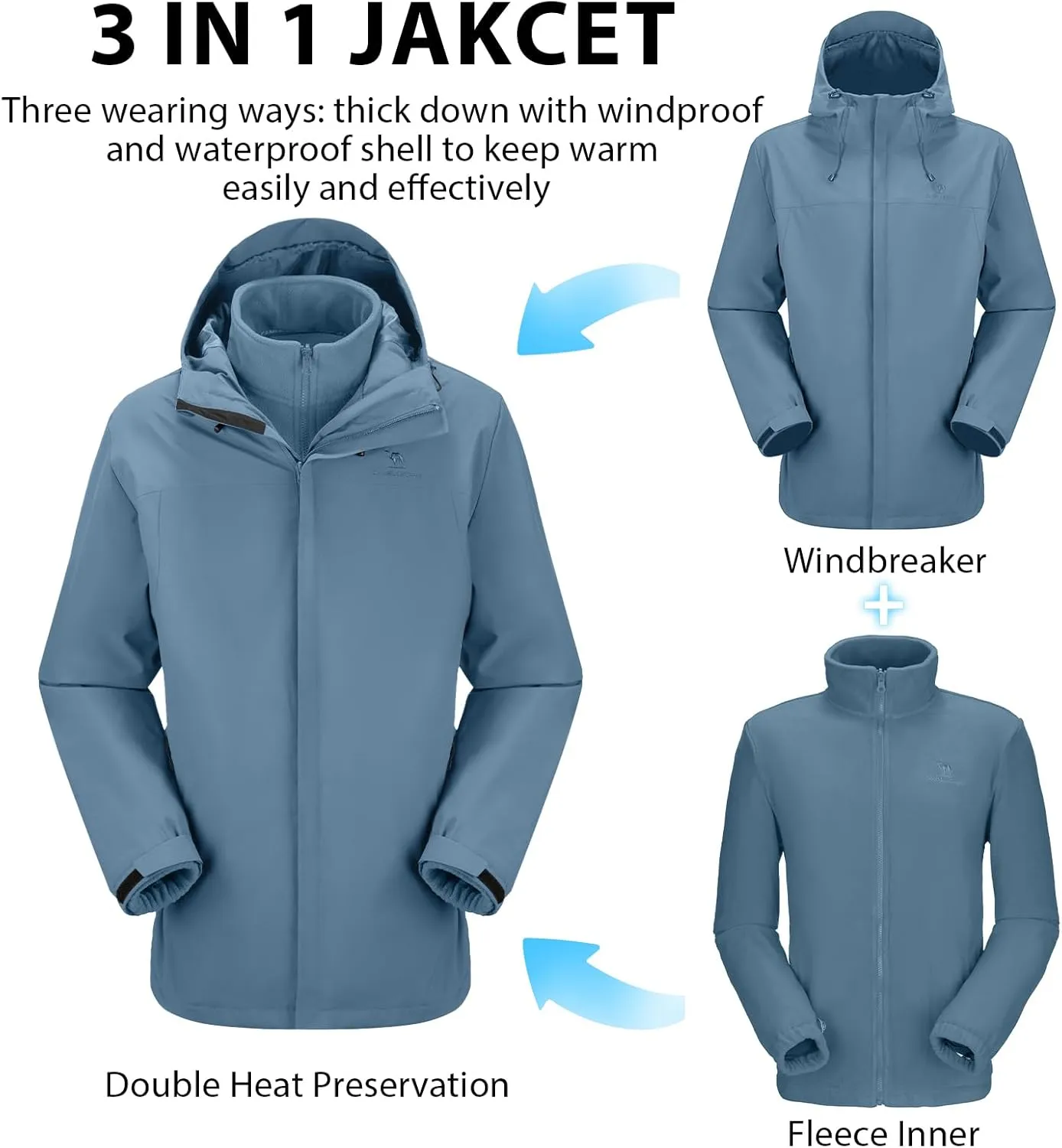 CAMEL CROWN Men's Winter Ski Jacket 3 in 1 Mountain Snow Waterproof Coat Warm Snowboard Jacket with Hooded