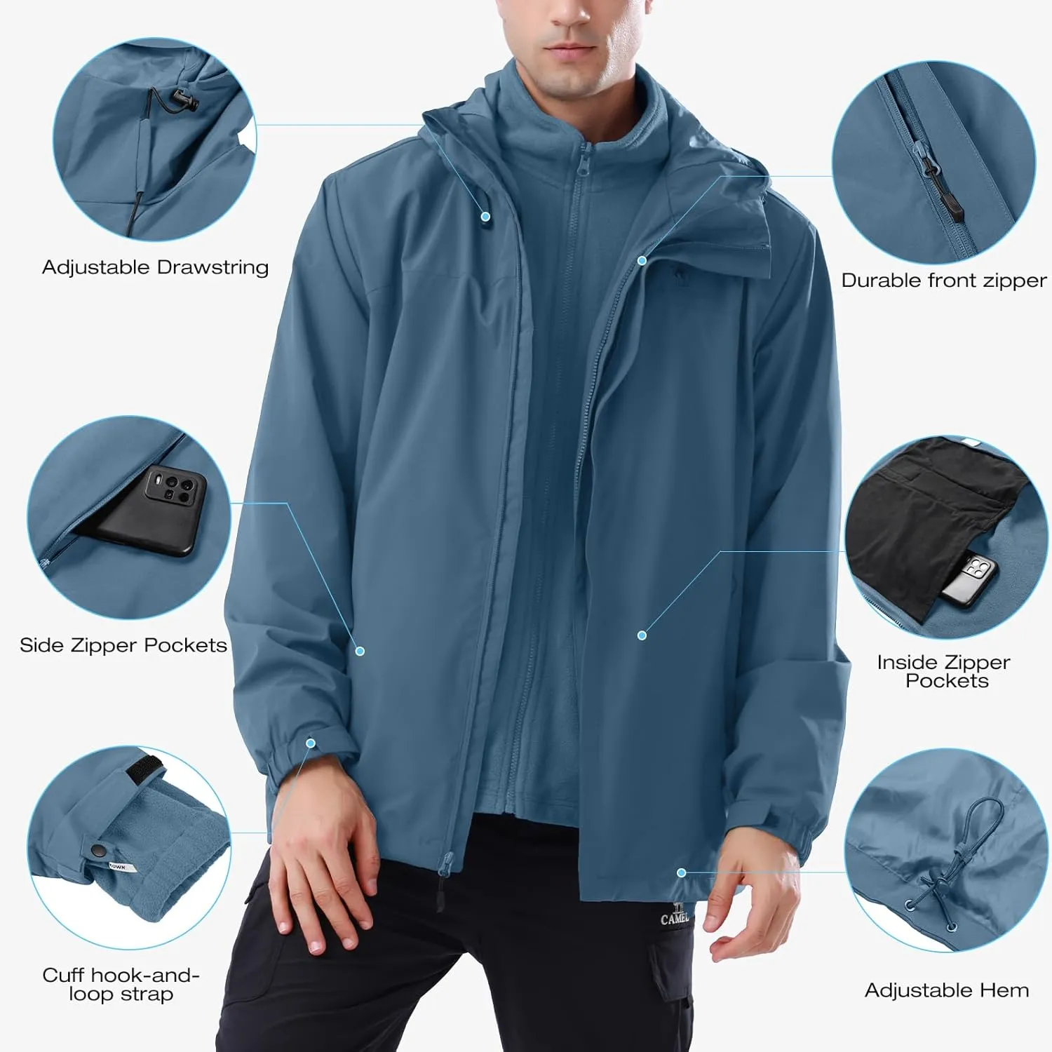 CAMEL CROWN Men's Winter Ski Jacket 3 in 1 Mountain Snow Waterproof Coat Warm Snowboard Jacket with Hooded