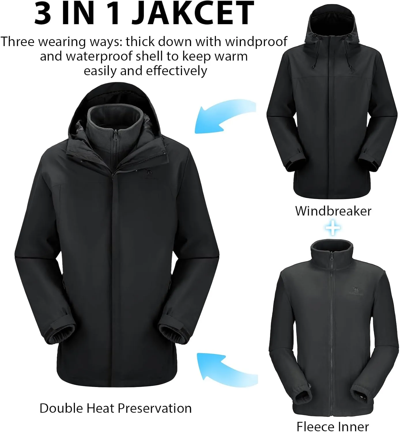 CAMEL CROWN Men's Winter Ski Jacket 3 in 1 Mountain Snow Waterproof Coat Warm Snowboard Jacket with Hooded