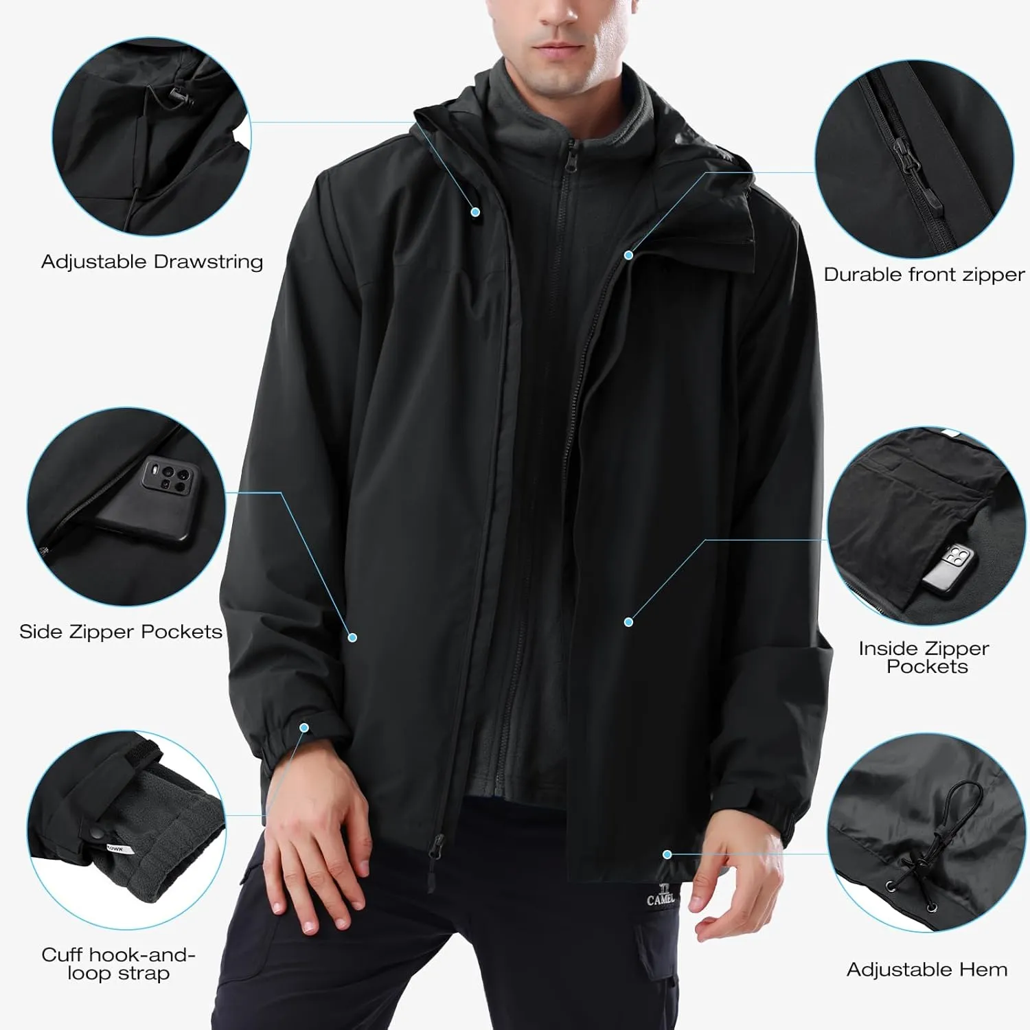 CAMEL CROWN Men's Winter Ski Jacket 3 in 1 Mountain Snow Waterproof Coat Warm Snowboard Jacket with Hooded