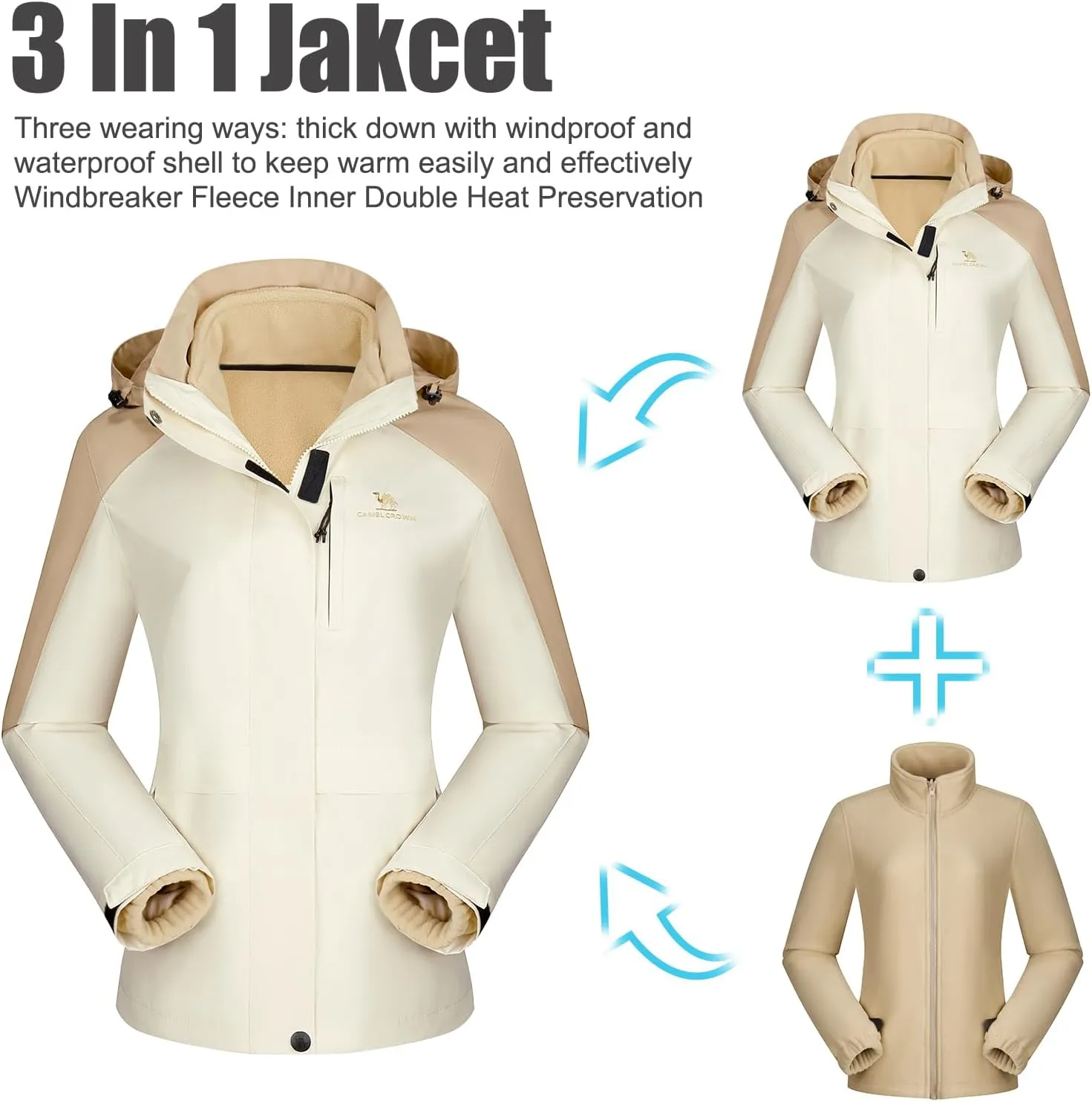 CAMEL CROWN Women Ski Jacket Waterproof 3 in 1 Winter Snow Mountain Coat Warm Fleece Windbreaker Hooded Snowboarding Jackets