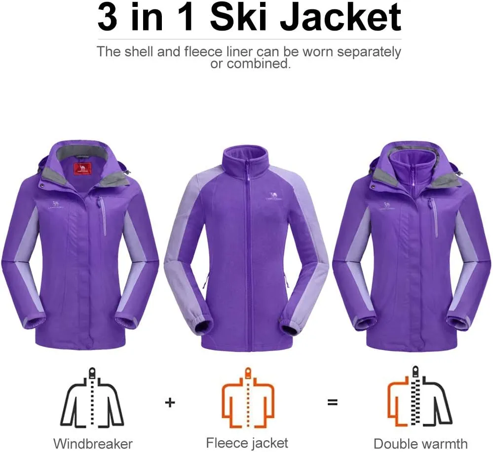 CAMEL CROWN Women's Ski Jacket Waterproof 3 in 1 Winter Jacket Windproof Warm Fleece Hooded Snowboard Mountain Snow Coat