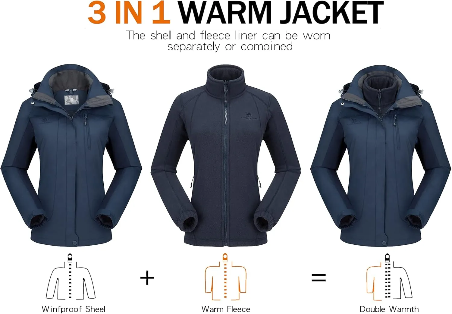 CAMEL CROWN Women's Ski Jacket Waterproof 3 in 1 Winter Jacket Windproof Warm Fleece Hooded Snowboard Mountain Snow Coat