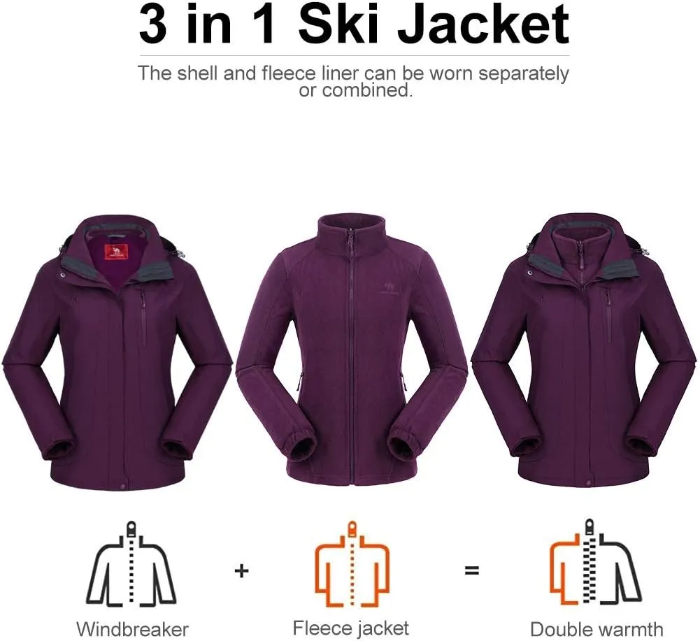 CAMEL CROWN Women's Ski Jacket Waterproof 3 in 1 Winter Jacket Windproof Warm Fleece Hooded Snowboard Mountain Snow Coat