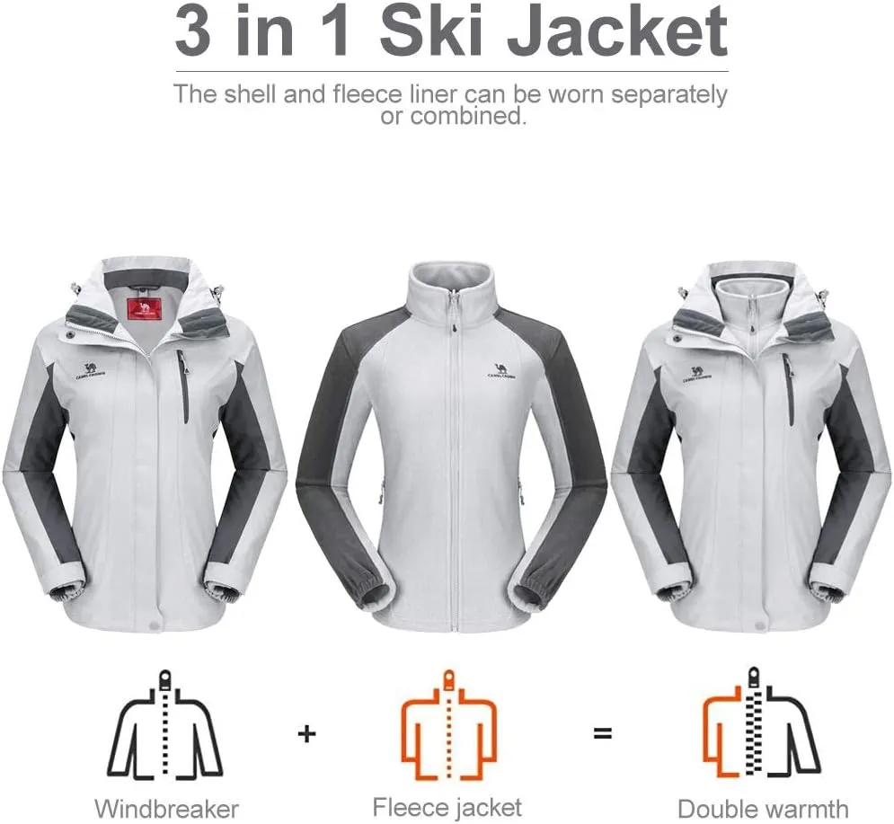 CAMEL CROWN Women's Ski Jacket Waterproof 3 in 1 Winter Jacket Windproof Warm Fleece Hooded Snowboard Mountain Snow Coat