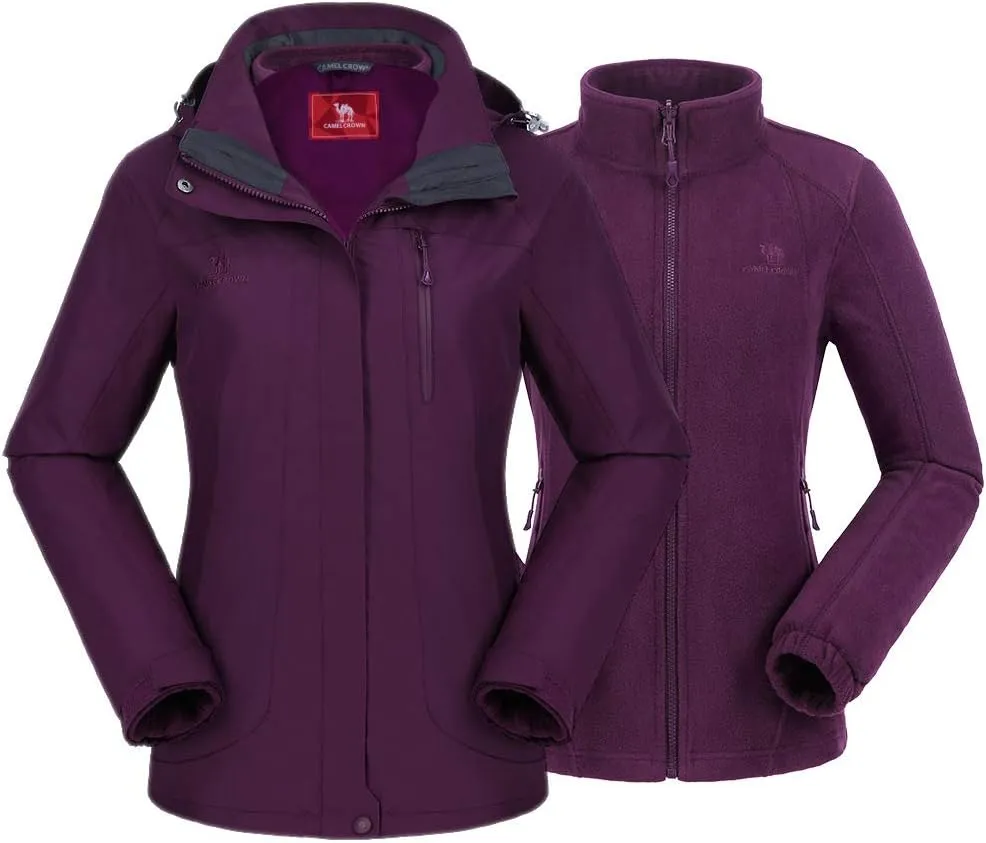 CAMEL CROWN Women's Ski Jacket Waterproof 3 in 1 Winter Jacket Windproof Warm Fleece Hooded Snowboard Mountain Snow Coat