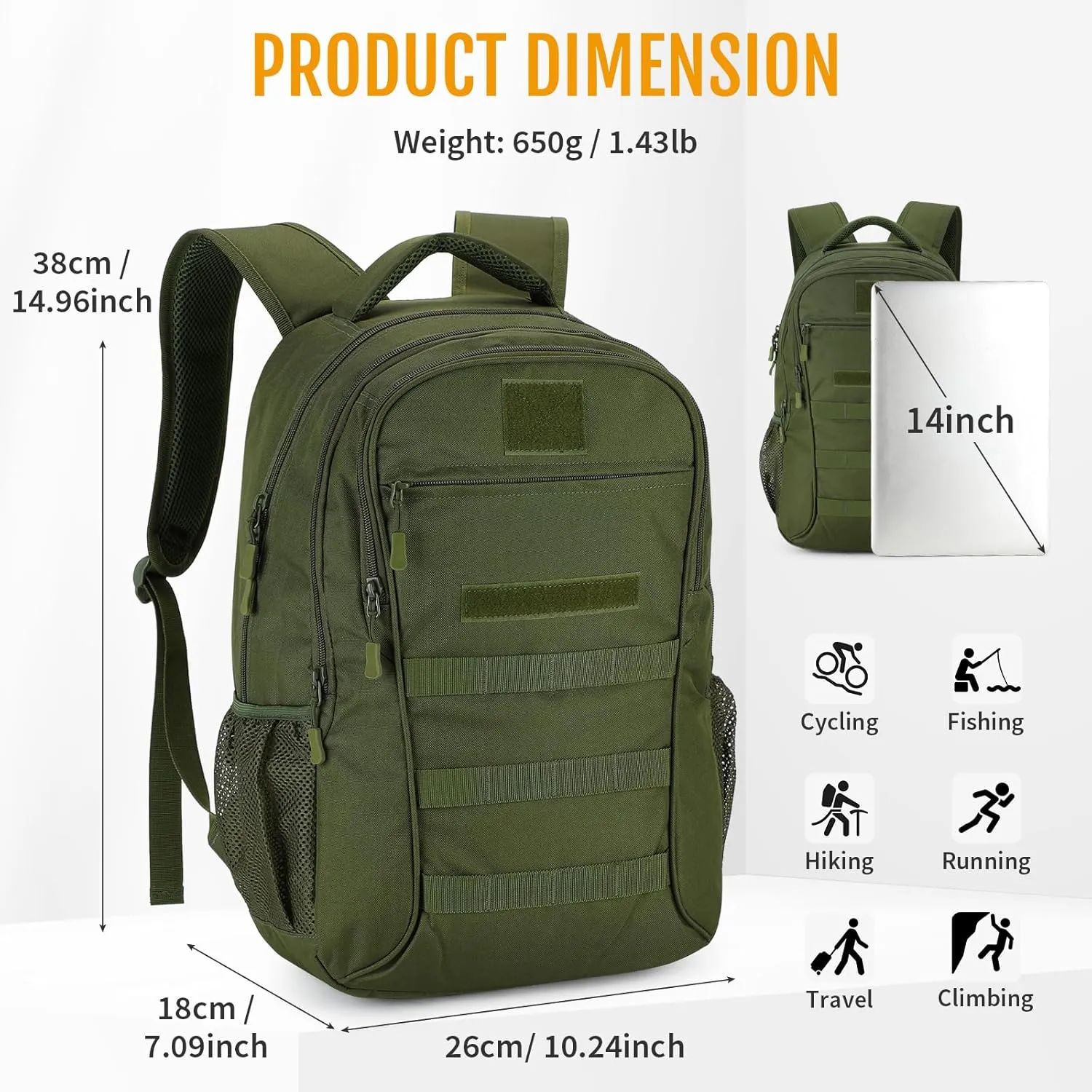 CamGo 15L Mini Backpack for Men Small Tactical Hiking Daypack Molle Gear Rucksack for Hunting Camping Bag with Patch, Army Green