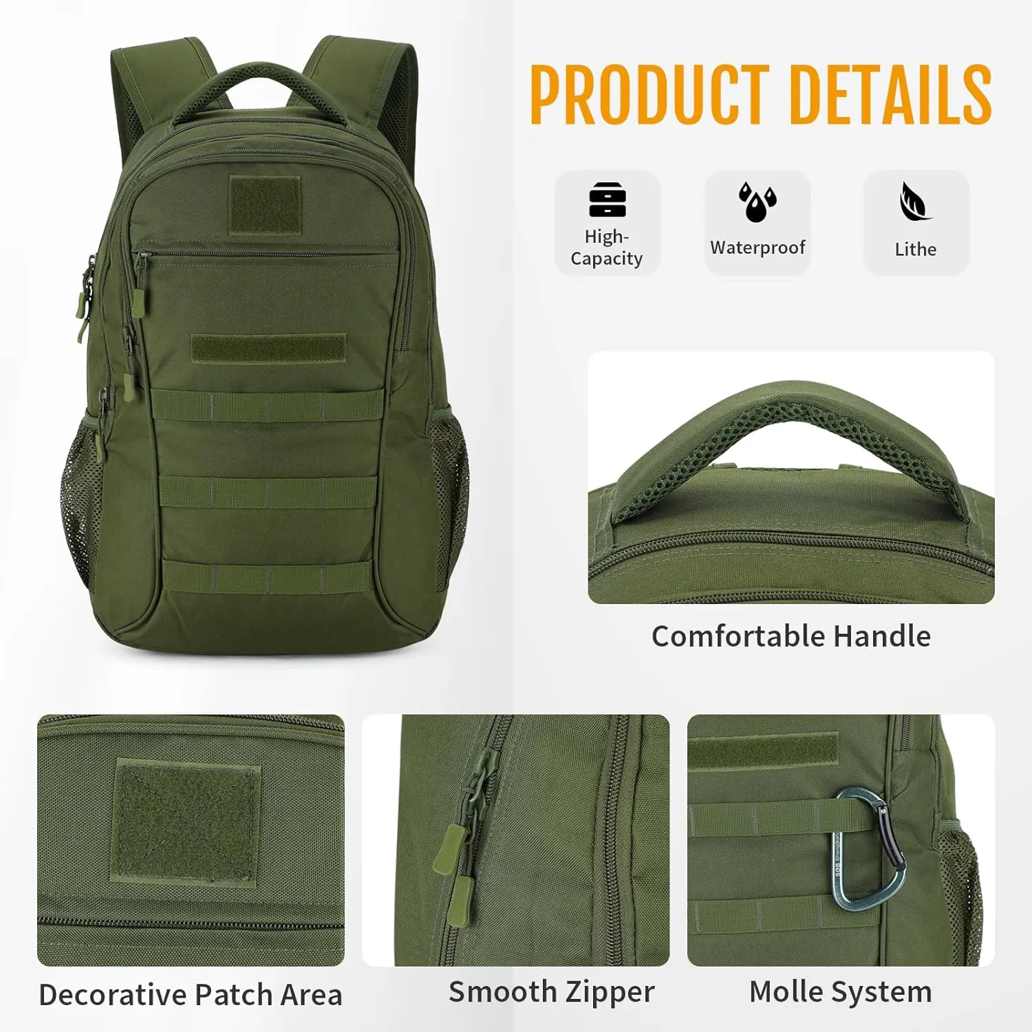CamGo 15L Mini Backpack for Men Small Tactical Hiking Daypack Molle Gear Rucksack for Hunting Camping Bag with Patch, Army Green