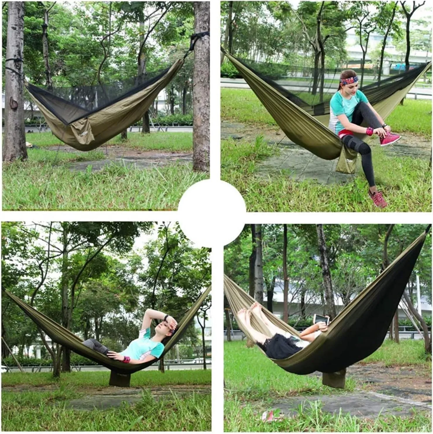 Camp Camping Hammock with Mosquito Net Portable Parachute 6 Strap Double Travel Hammock,Outdoor Backpacking Hammock Swing Chair Strong, Dark Green