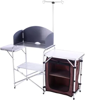 Camp Kitchen Table with Storage Organizer, Outdoor Cooking Table, Grill Tables for Outdoor,Portable Aluminum Windscreen Hooks for BBQ, Party (White)