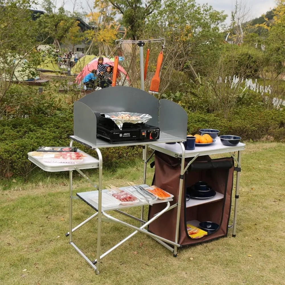 Camp Kitchen Table with Storage Organizer, Outdoor Cooking Table, Grill Tables for Outdoor,Portable Aluminum Windscreen Hooks for BBQ, Party (White)