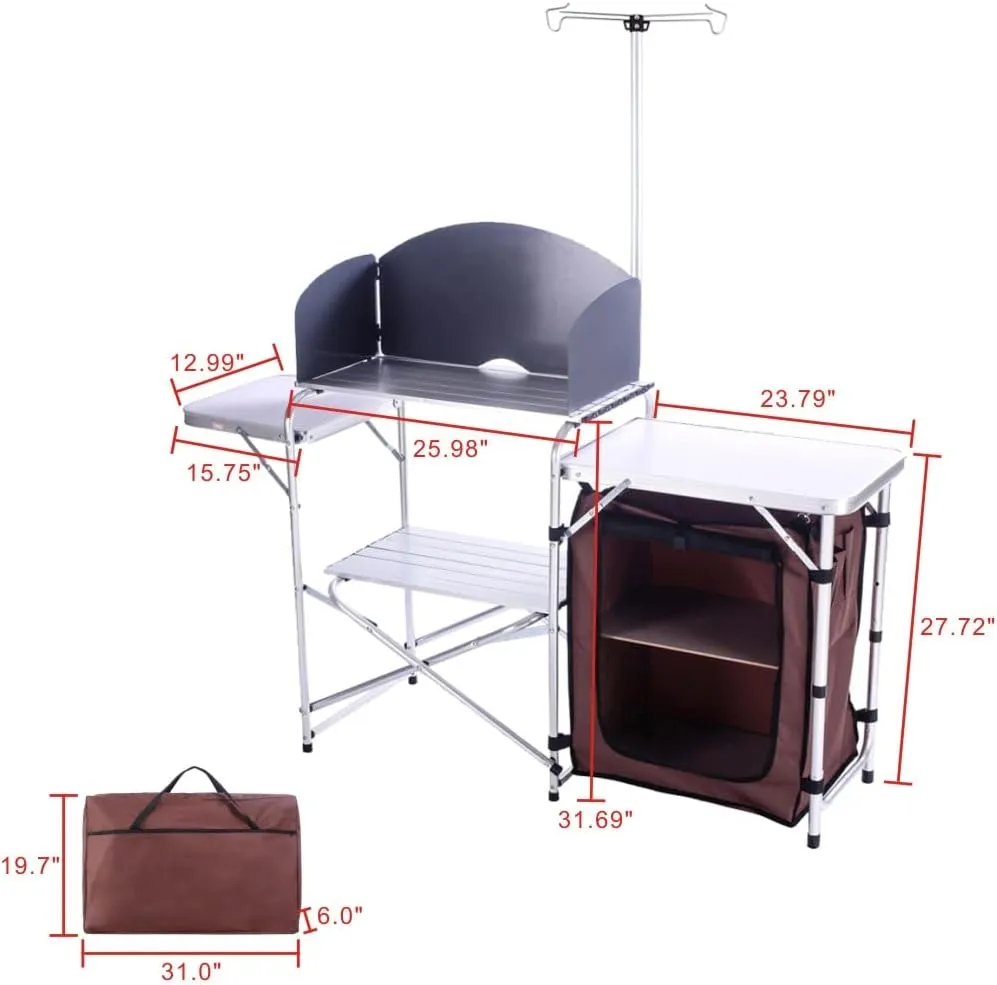 Camp Kitchen Table with Storage Organizer, Outdoor Cooking Table, Grill Tables for Outdoor,Portable Aluminum Windscreen Hooks for BBQ, Party (White)