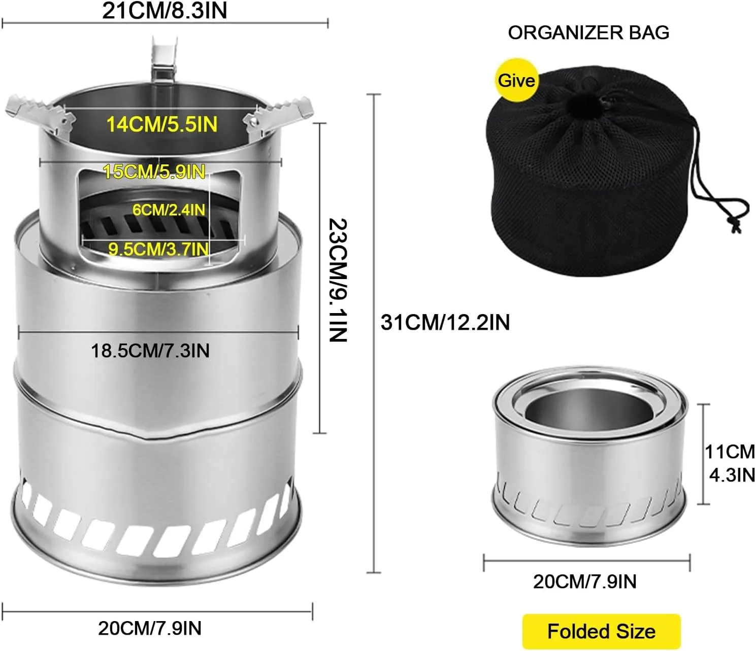 Camp Stove Wood,Portable Wood Stove,Foldable Camping Stainless Steel Stove, for Backyard Barbecue Outdoor Camping/L