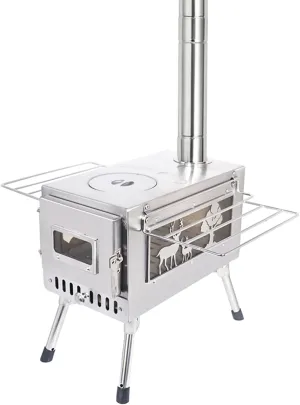 Camp Wood Stove, Tent Wood Burning Stoves Portable with Chimney Pipes, Heat Resistant Glass & Gloves for Winter Camping Hunting and Outdoor Cooking