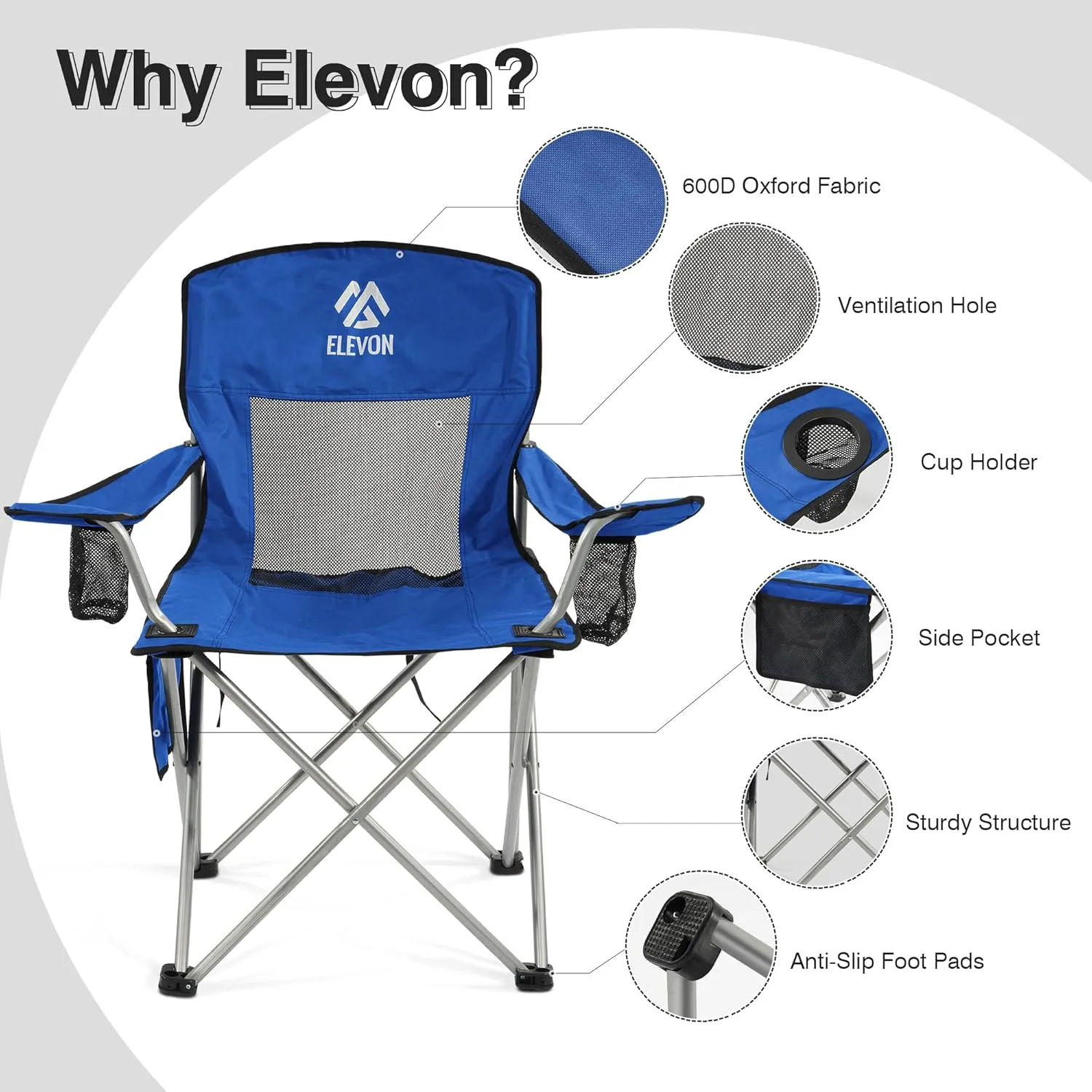 Camping Chair, Portable Folding Outdoor Chair with Arms, Cup Holder and Carry Bag, Collapsible Chair for Camping, Fishing, Beach, and Sports, Blue