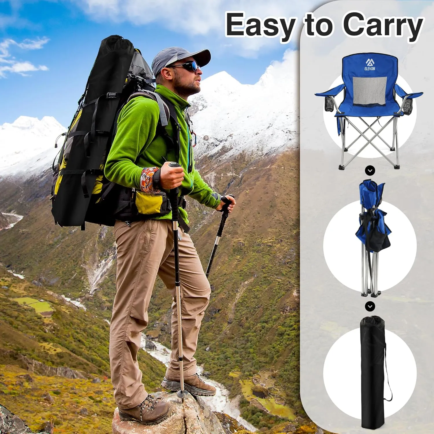 Camping Chair, Portable Folding Outdoor Chair with Arms, Cup Holder and Carry Bag, Collapsible Chair for Camping, Fishing, Beach, and Sports, Blue
