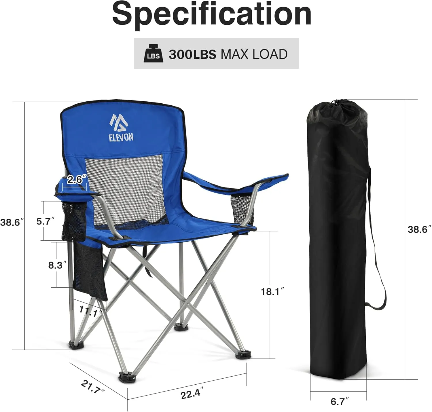Camping Chair, Portable Folding Outdoor Chair with Arms, Cup Holder and Carry Bag, Collapsible Chair for Camping, Fishing, Beach, and Sports, Blue