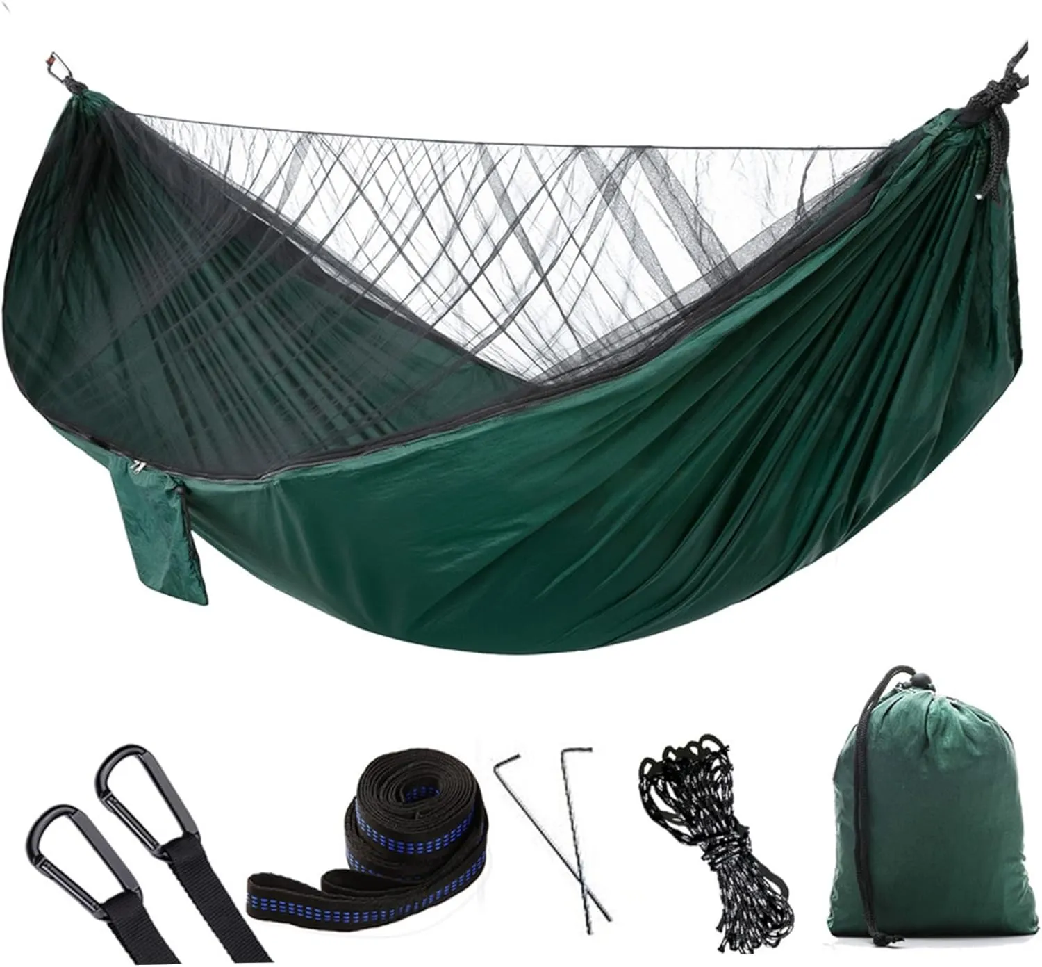 Camping Hammock 114x55 Inch Double Hammock Tent with Anti-Sting Mesh & Side Pocket Portable Nylon Hanging Bed with Set-Up Accessories & Storage Bag, Green