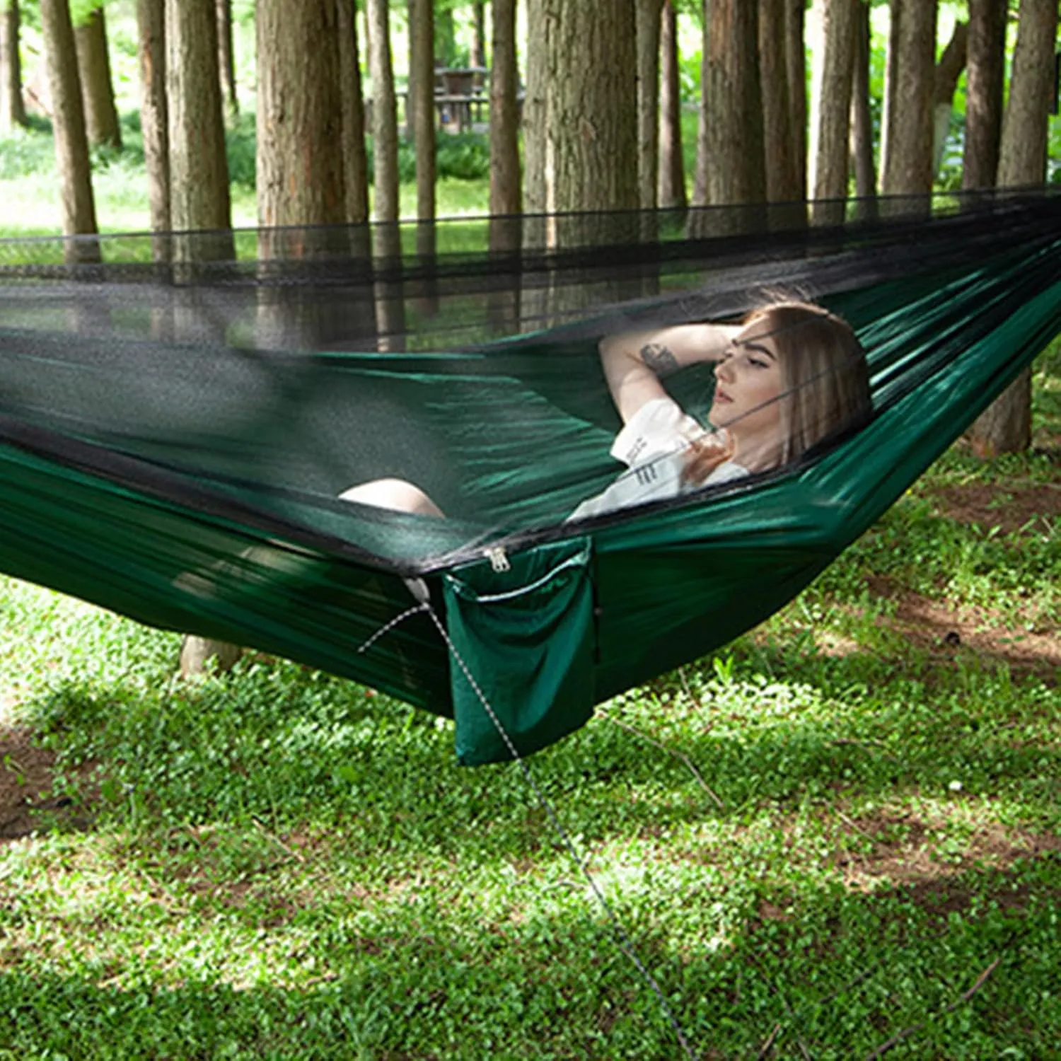 Camping Hammock 114x55 Inch Double Hammock Tent with Anti-Sting Mesh & Side Pocket Portable Nylon Hanging Bed with Set-Up Accessories & Storage Bag, Green
