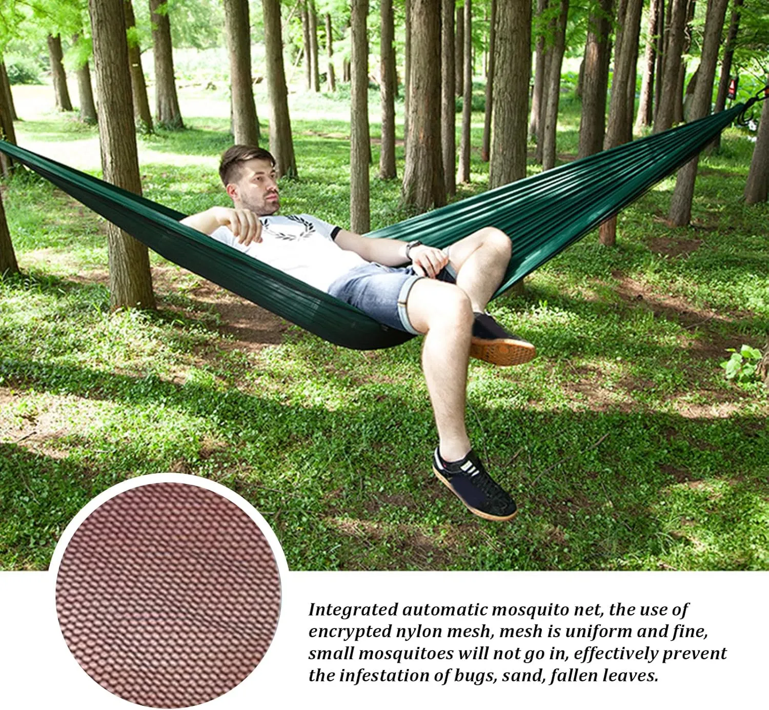 Camping Hammock 114x55 Inch Double Hammock Tent with Anti-Sting Mesh & Side Pocket Portable Nylon Hanging Bed with Set-Up Accessories & Storage Bag, Green