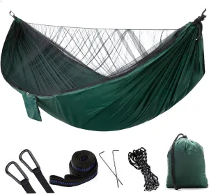 Camping Hammock 114x55 Inch Double Hammock Tent with Anti-Sting Mesh & Side Pocket Portable Nylon Hanging Bed with Set-Up Accessories & Storage Bag, Green