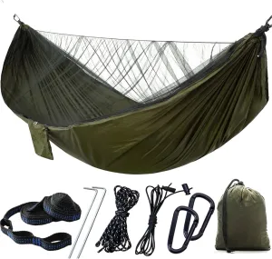Camping Hammock 114x55 Inch Double Hammock Tent with AntiSting Mesh Side Pocket Portable Nylon Hanging Bed Army Green