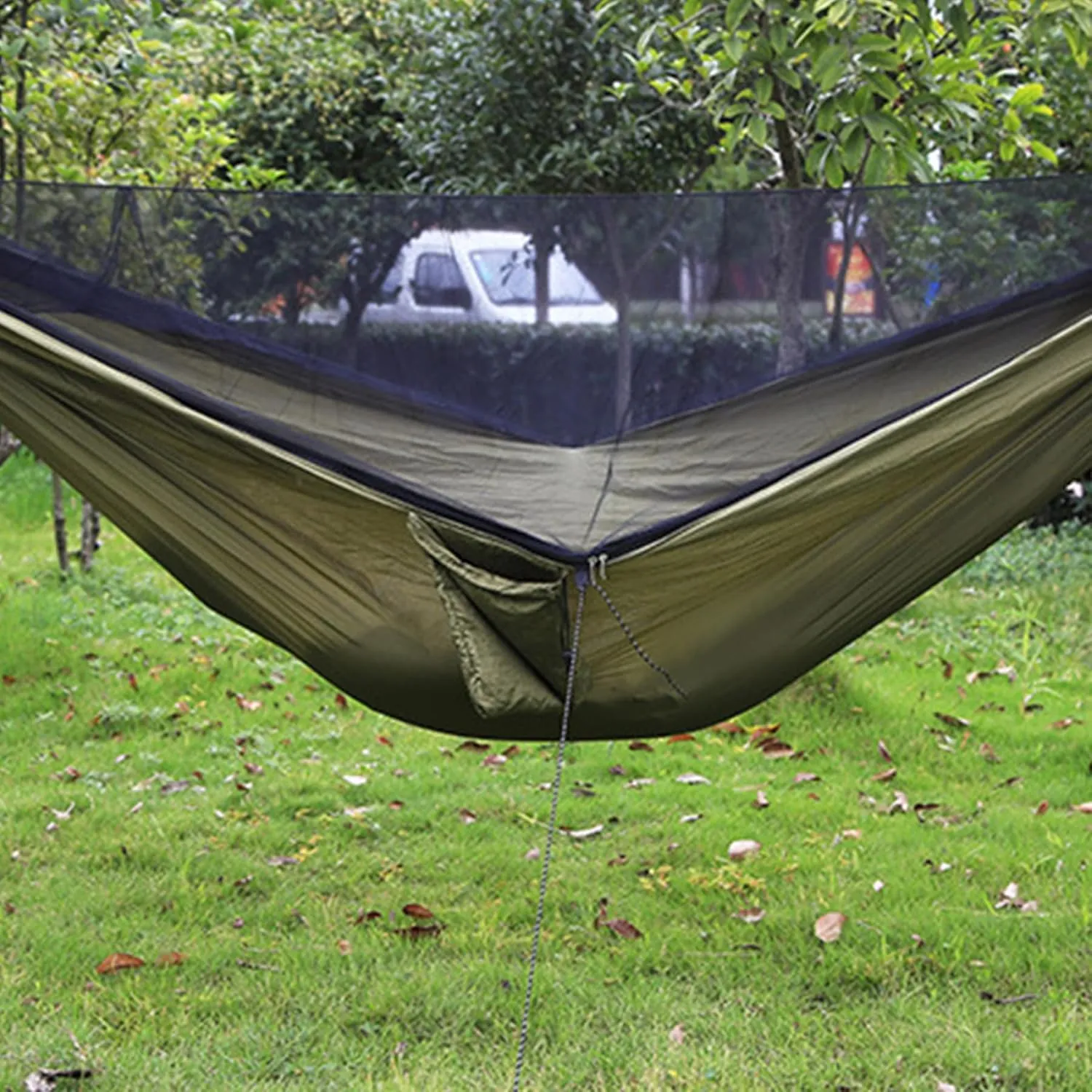 Camping Hammock 114x55 Inch Double Hammock Tent with AntiSting Mesh Side Pocket Portable Nylon Hanging Bed Army Green
