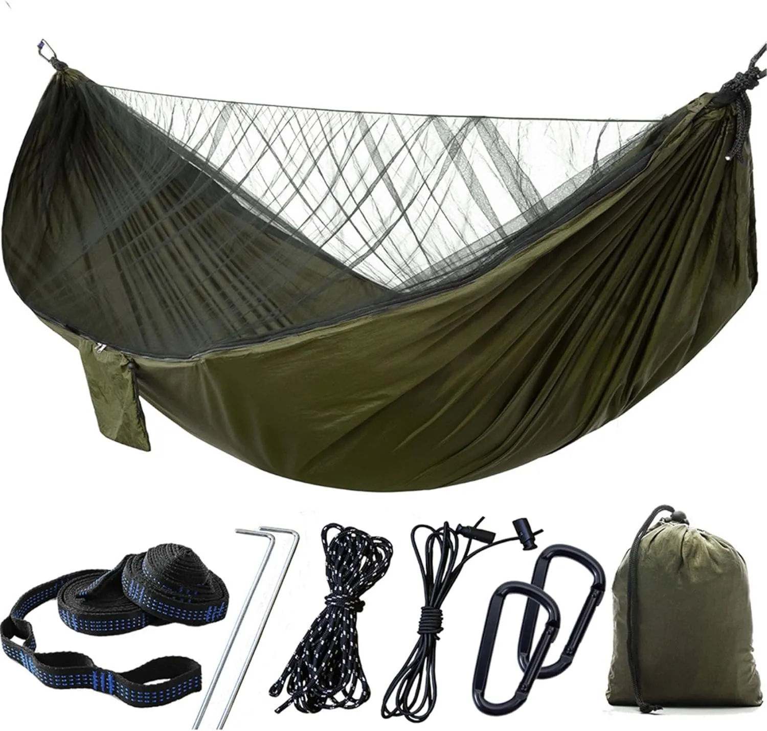 Camping Hammock 114x55 Inch Double Hammock Tent with AntiSting Mesh Side Pocket Portable Nylon Hanging Bed Army Green