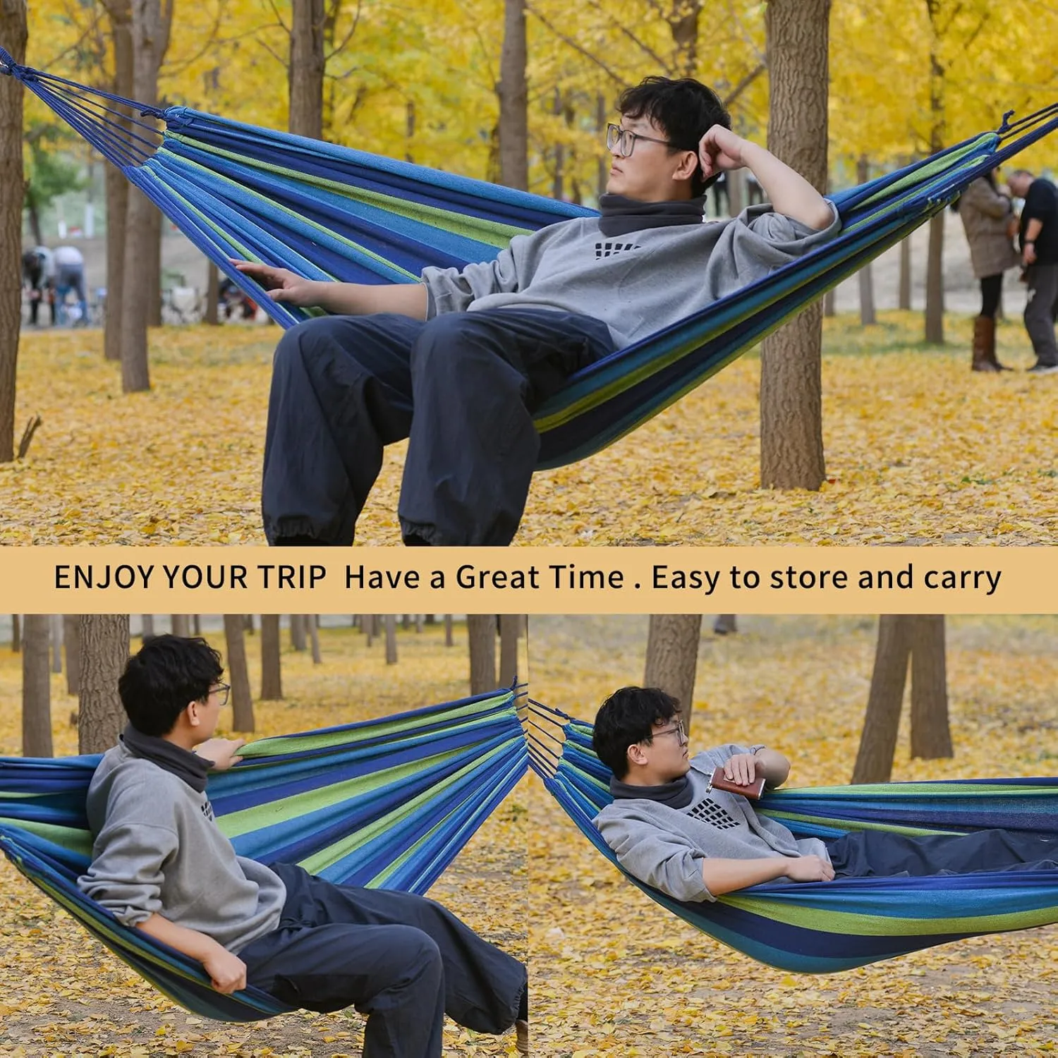 Camping Hammock Comfortable Fabric Hammocks with Tree Straps for Travel Patio Garden, Hanging Sturdy Indoor/Outdoor Hammock Up to 660lbs Portable Hammocks with Travel Bag (Blue)