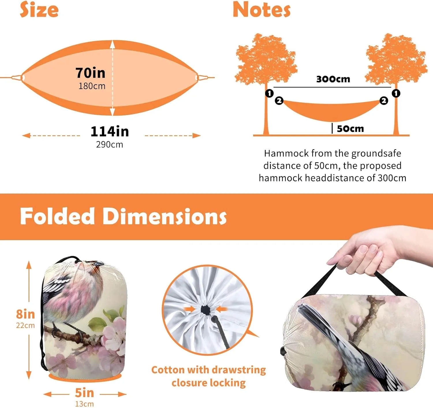 Camping Hammock Double & Single Portable Hammocks with 2 Tree Straps, Great for Hiking,Backpacking,Hunting,Outdoor,Beach,Camping, Bird (41)